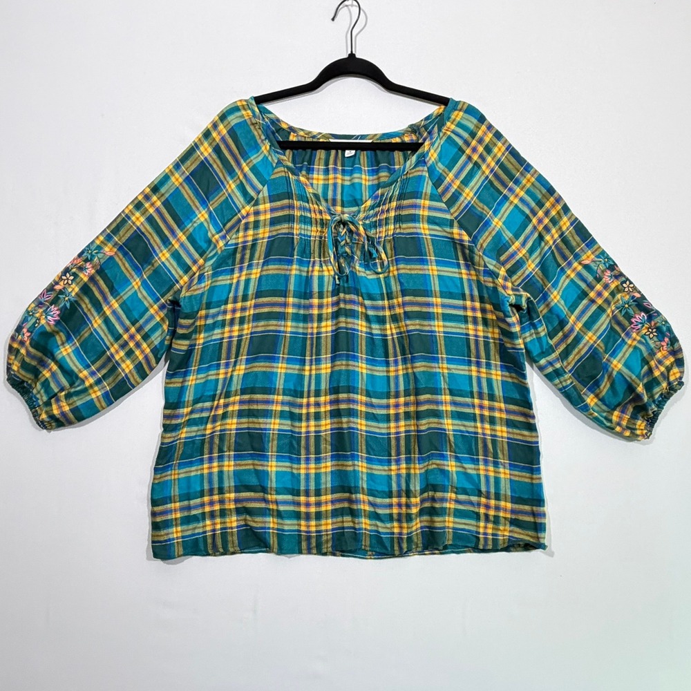 The Pioneer Woman Blouse XL Teal Plaid‎ Embroidered Sleeve Top Cottagecore Boho
